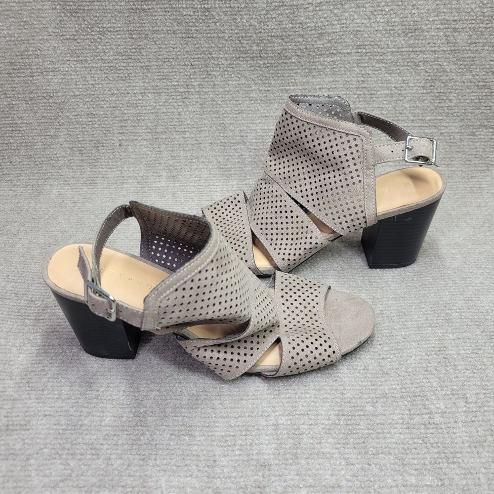 Metaphor Block Heel Women 8 Gray Open Toe Perforated Slingback Sandal Faux Suede